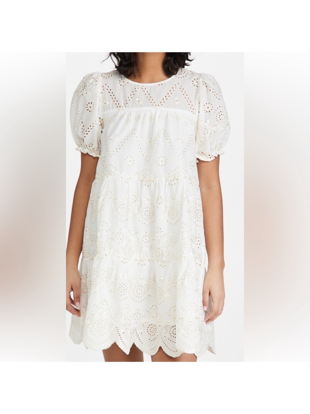 Moon River Cream Eyelet Puff-Sleeve Tiered Dress